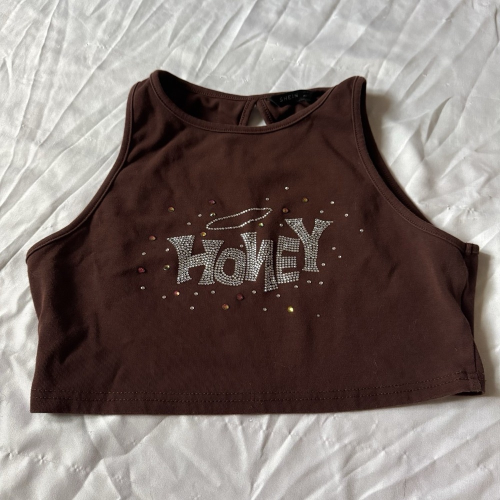 SHEIN Honey Brown Rhinestone Graphic Crop Tank Top Women's M